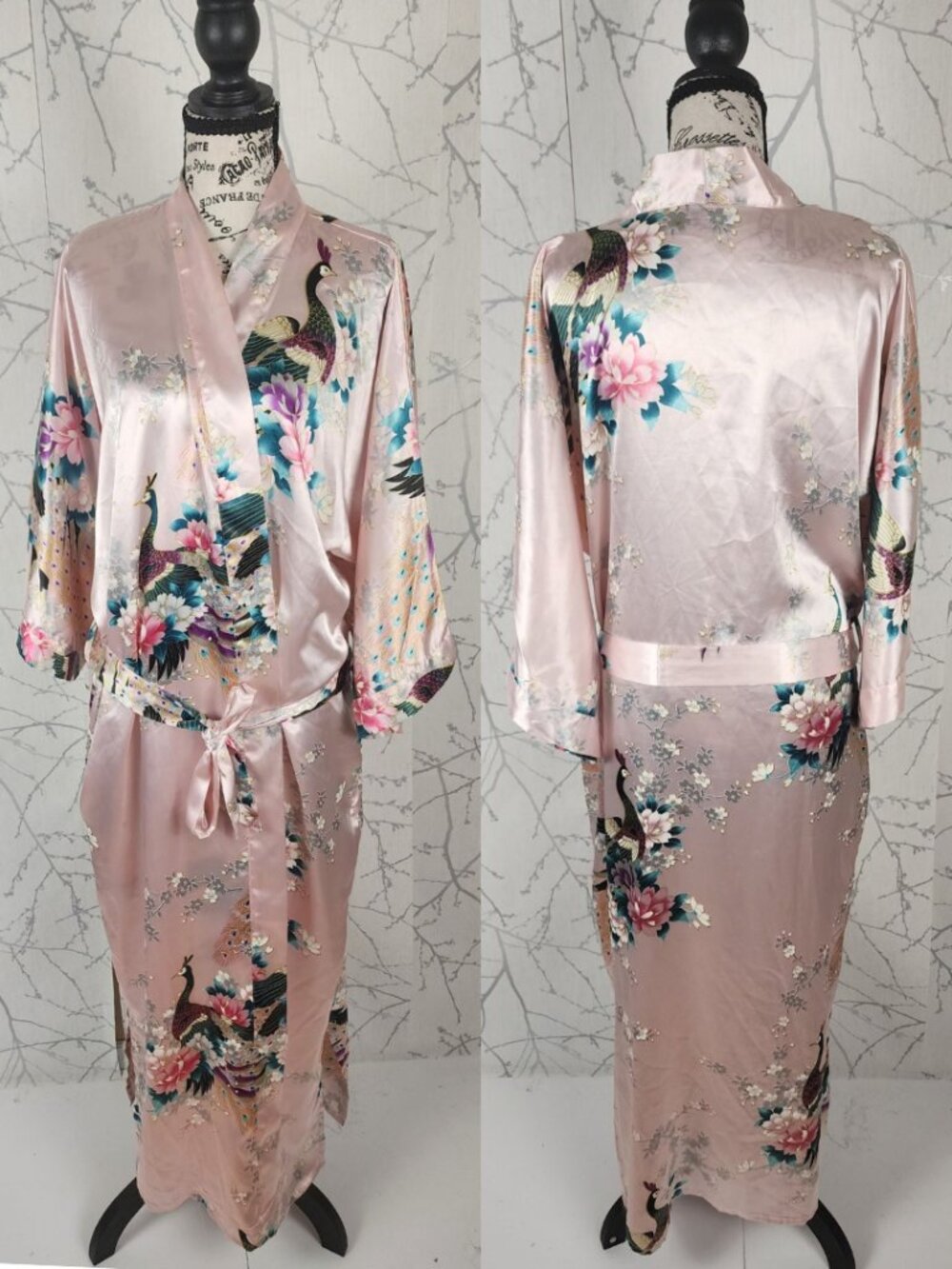 Pale Pink Floral Peacock Print Satin Belted Kimono Robe